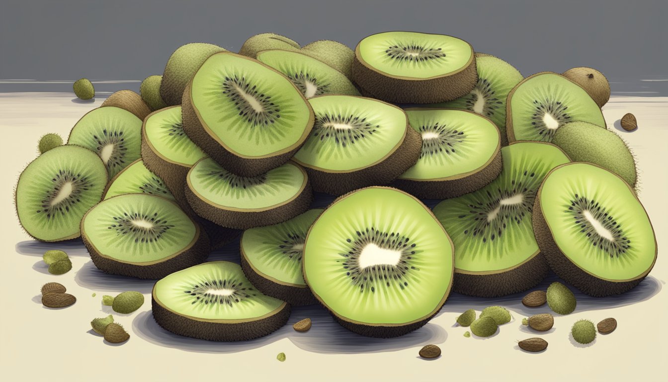 A pile of dried kiwi slices with mold growing on some, while others appear fresh and edible