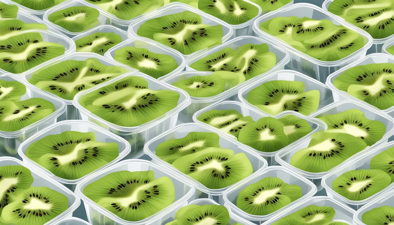 A pile of dried kiwi slices stored in airtight containers, vacuum-sealed bags, and ziplock bags, with varying levels of freshness and mold growth