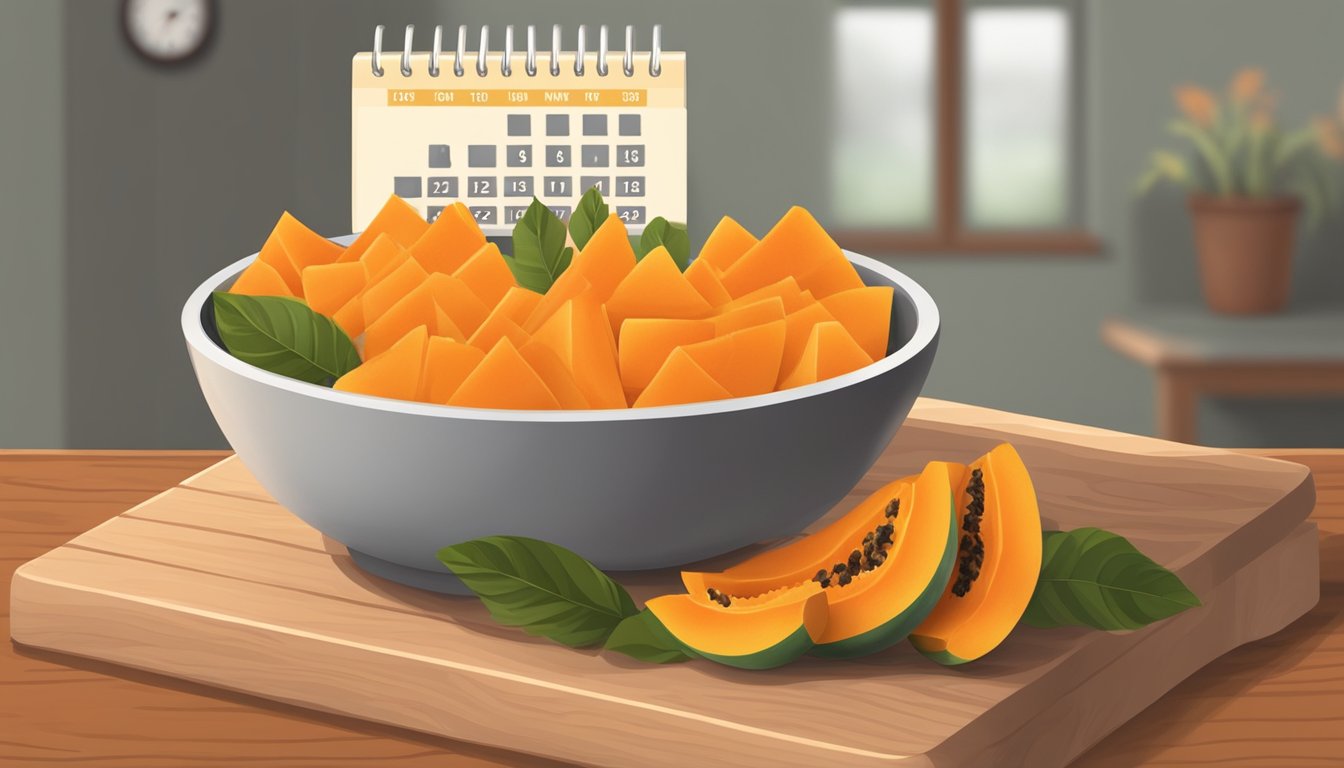 A bowl of dried papaya slices on a wooden cutting board, surrounded by fresh papayas and a calendar showing the current date