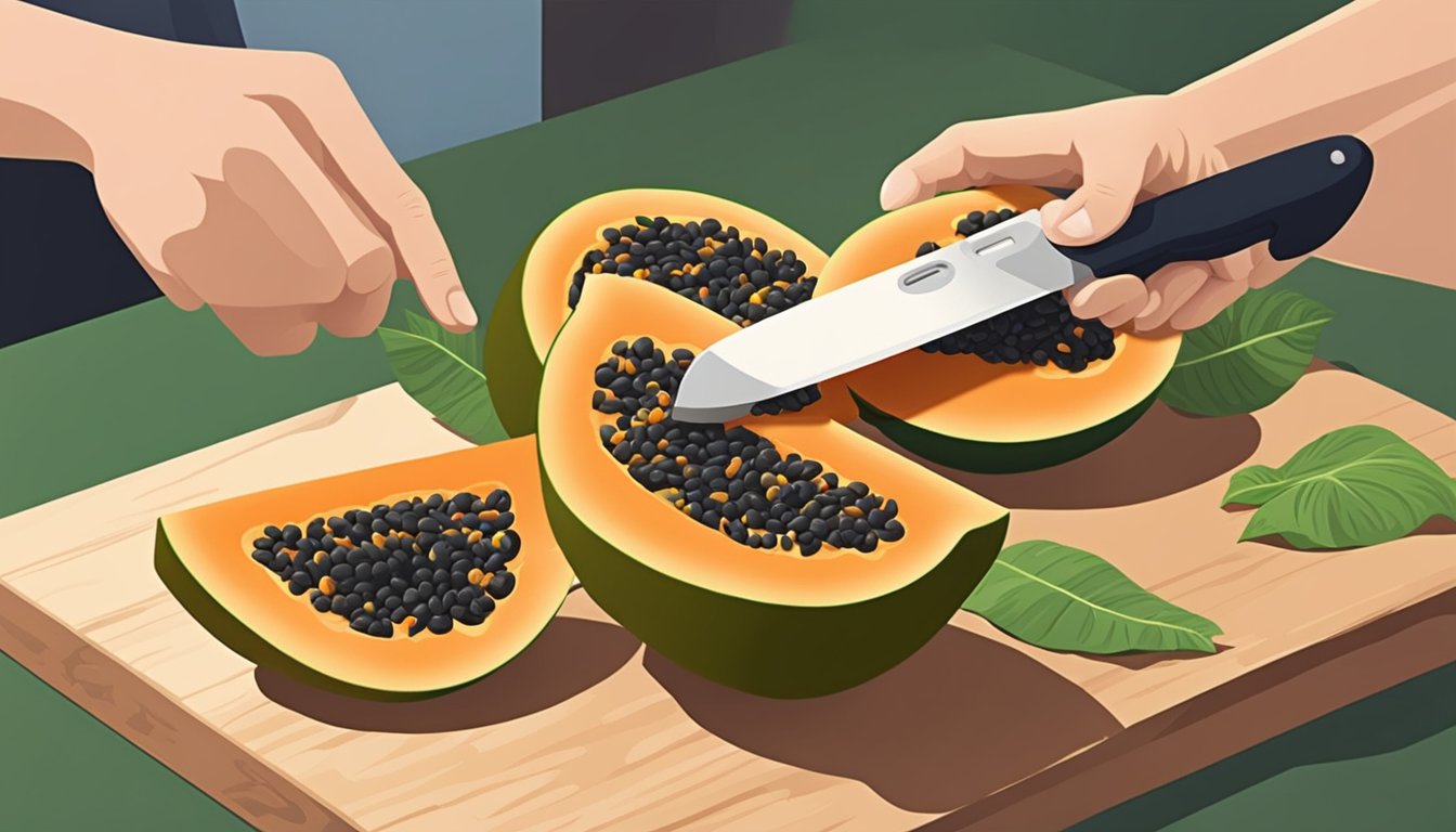 A hand reaching for a ripe papaya, a knife slicing it open, seeds being removed, and the fruit being cut into slices