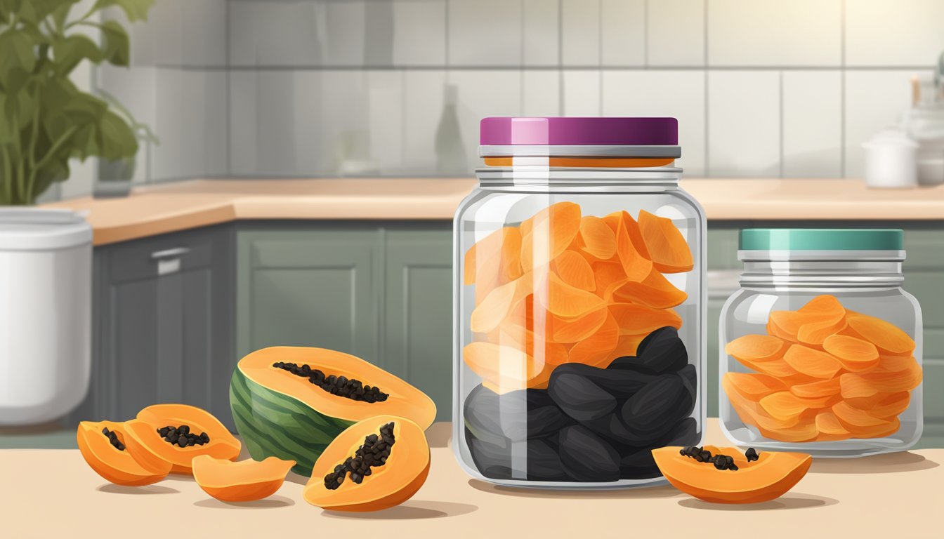 A glass jar filled with dried papaya slices, sealed with a lid, placed on a kitchen shelf