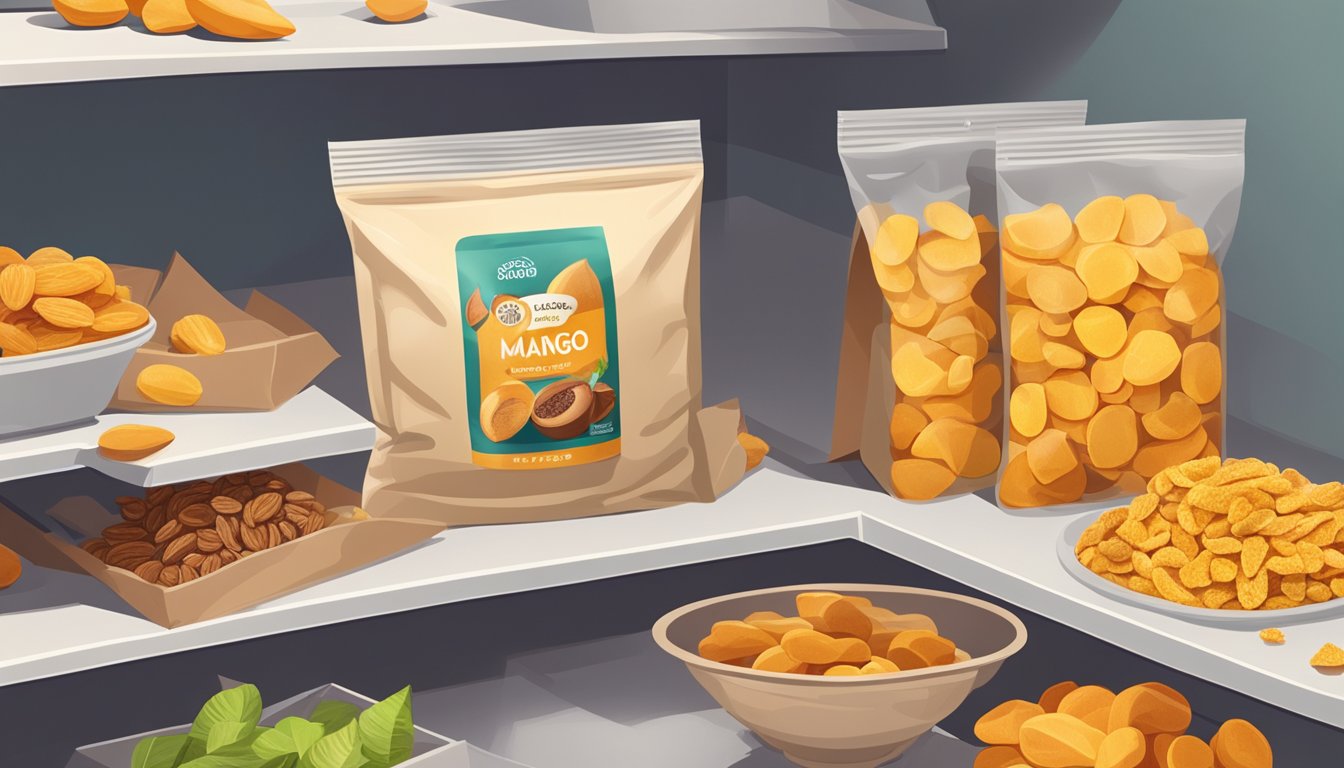 A package of dried mango sits on a shelf, surrounded by other dried fruits and snacks. The room is well-lit and clean, with no signs of moisture or pests