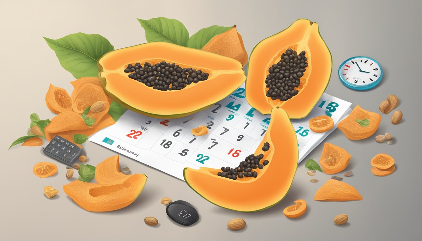 A colorful illustration of a dried papaya fruit surrounded by a calendar, clock, and expiration date label