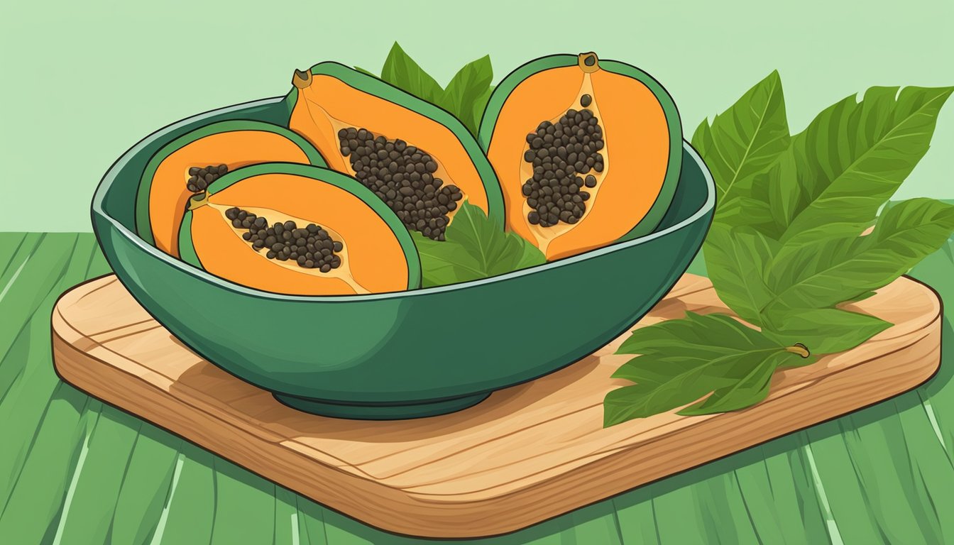 A bowl of dried papaya slices on a wooden cutting board, surrounded by fresh papaya fruit and green leaves