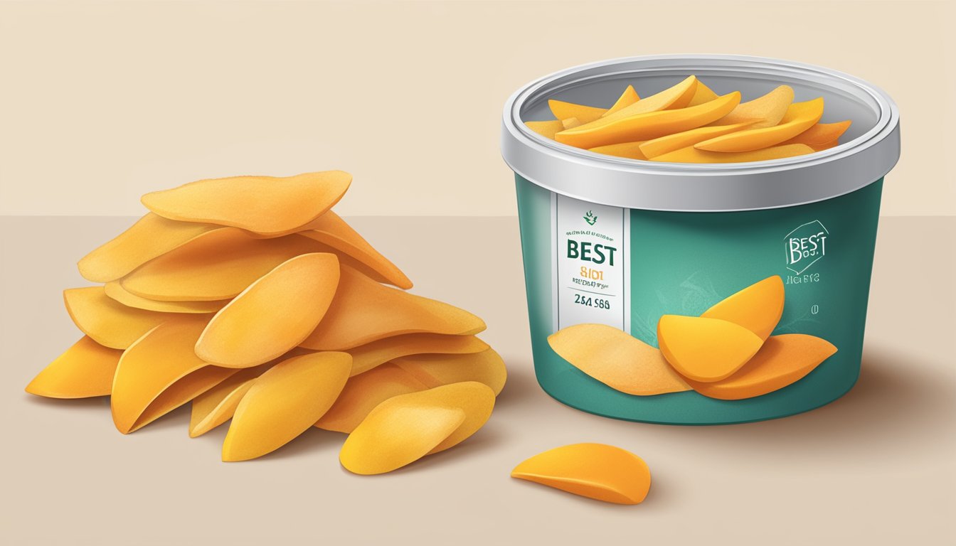 A pile of dried mango slices in a sealed, airtight container, with a "best by" date clearly visible on the packaging