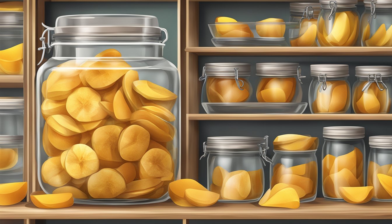 Dried mango slices stored in a sealed glass jar on a pantry shelf