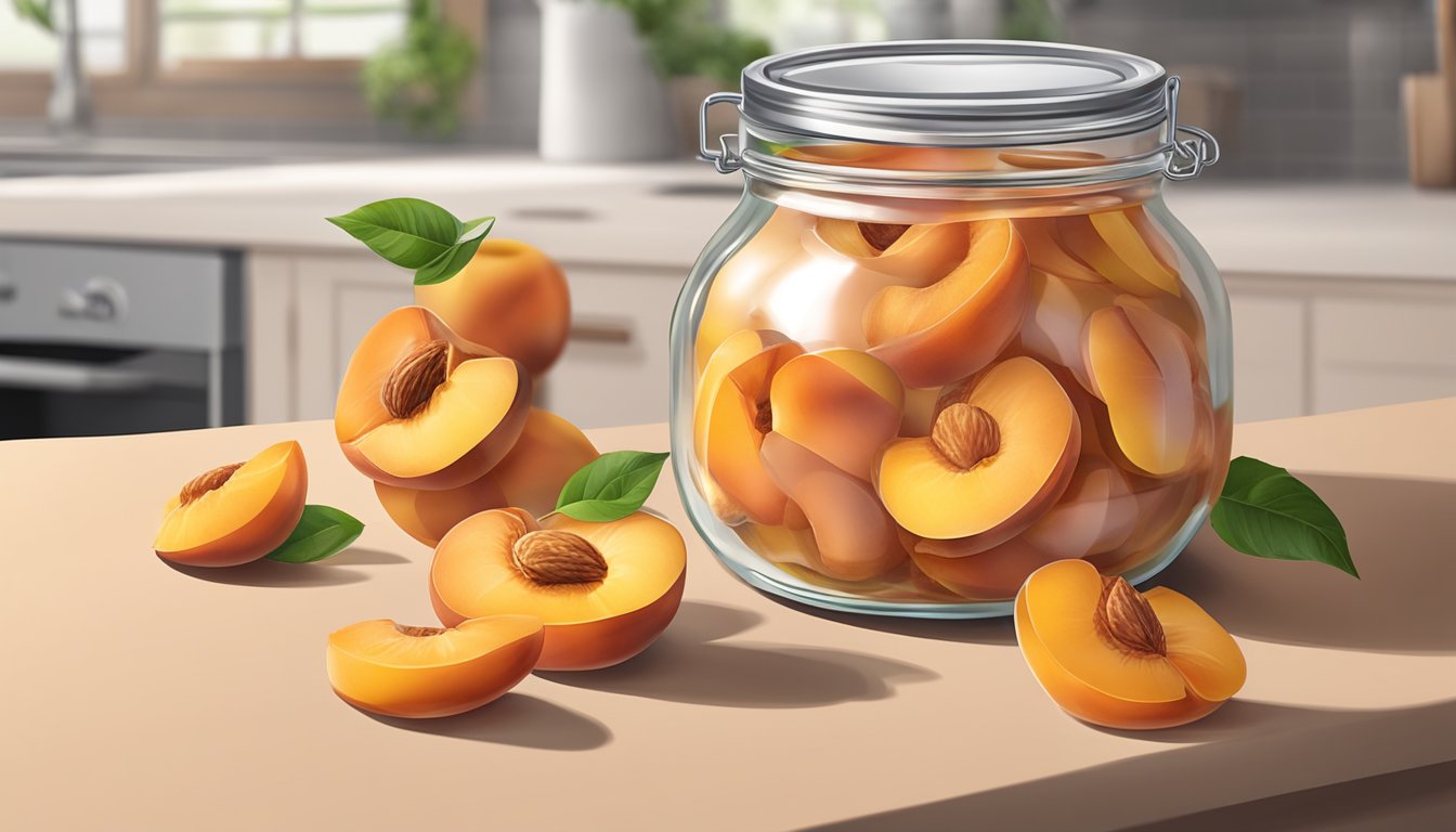 A clear glass jar filled with dried peach slices, sealed with a lid, sitting on a kitchen counter