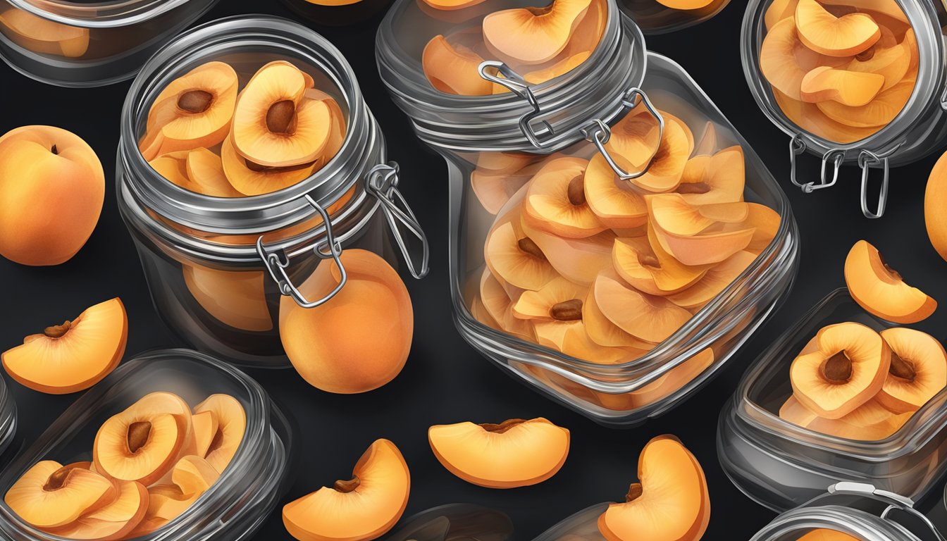 A glass jar filled with dried peach slices, sealed tightly with a lid, placed in a cool, dark pantry