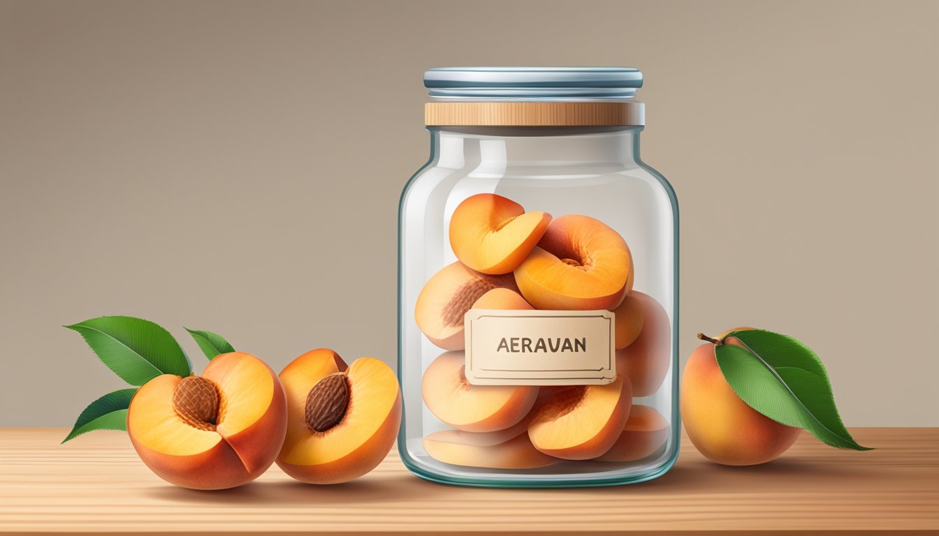 A clear glass jar filled with dried peach slices, sealed with a lid, placed on a wooden shelf next to a calendar showing the current date