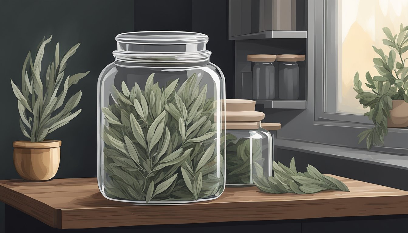 Dried sage leaves sealed in airtight glass jar on a dark, cool pantry shelf