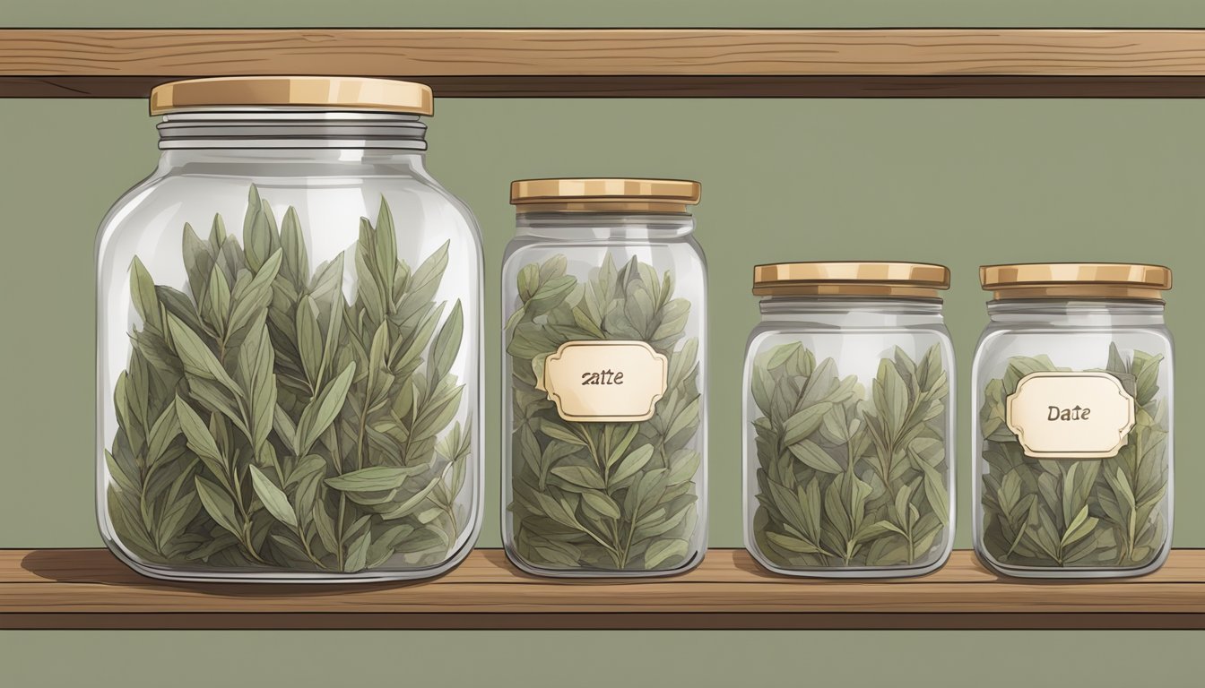 A glass jar filled with dried sage leaves, sitting on a wooden shelf with a label indicating the date of packaging