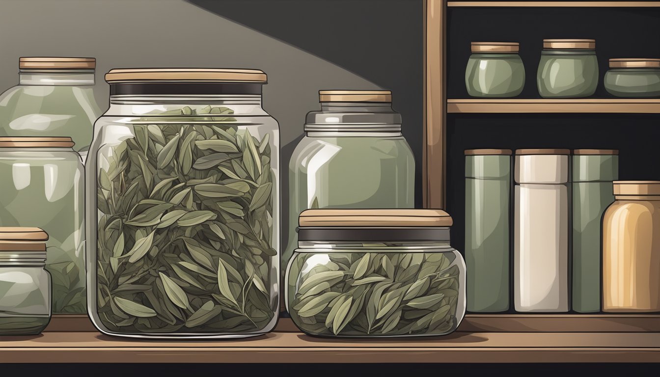 A glass jar filled with dried sage leaves, sealed tightly with a lid, sitting on a shelf in a cool, dark pantry