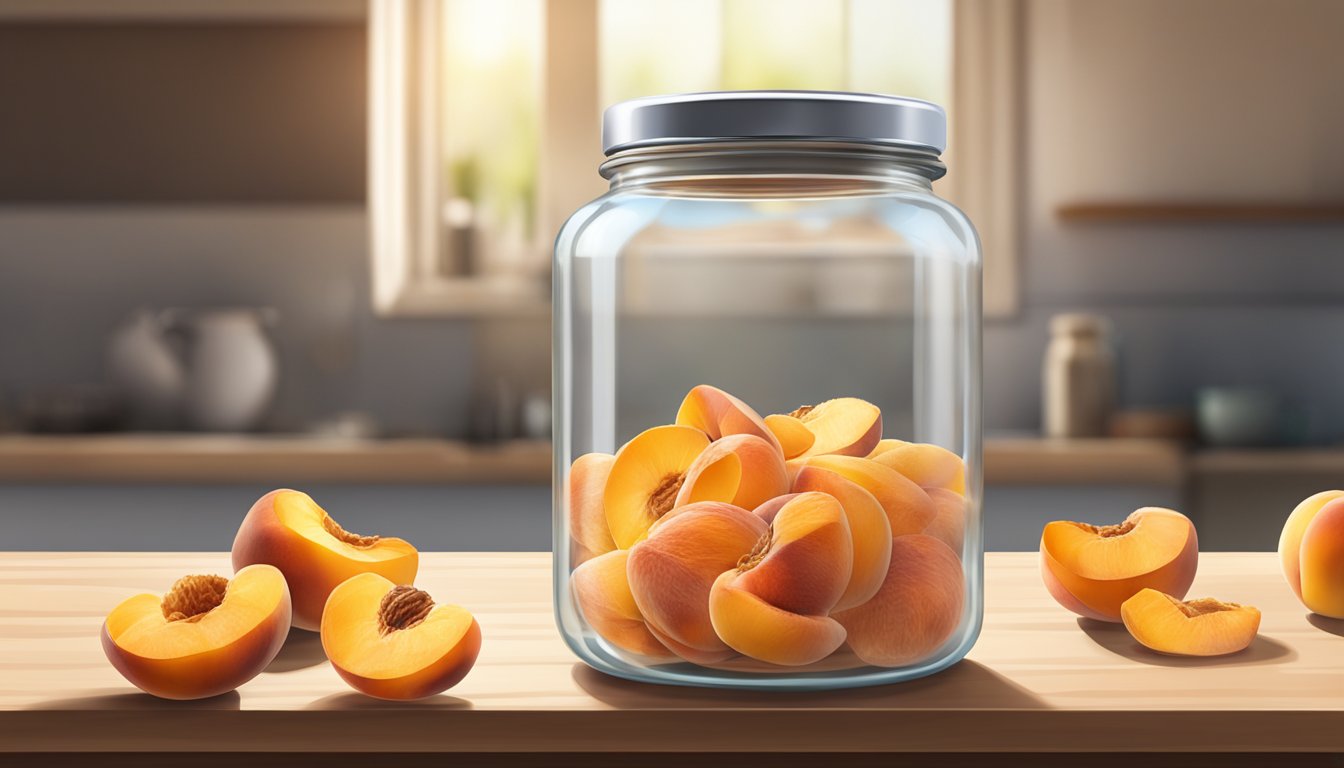 A glass jar filled with dried peach slices, sealed with a metal lid, sitting on a wooden shelf in a sunlit kitchen