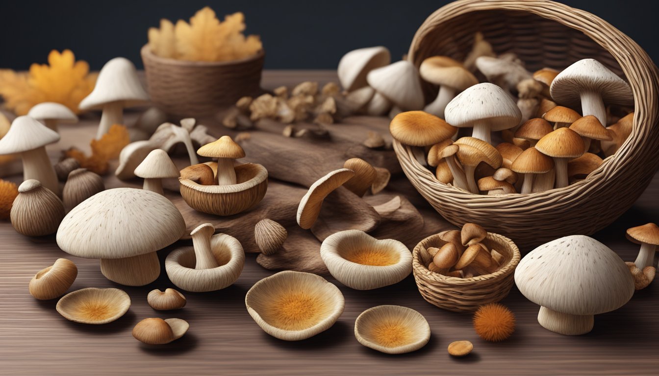 A collection of various dried mushrooms arranged on a wooden cutting board, with some placed in a small wicker basket and others scattered around