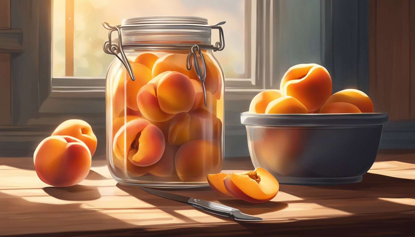 A jar of dried peach slices sits on a rustic wooden table, surrounded by fresh peaches and a knife. The sunlight filters through a nearby window, casting a warm glow on the scene