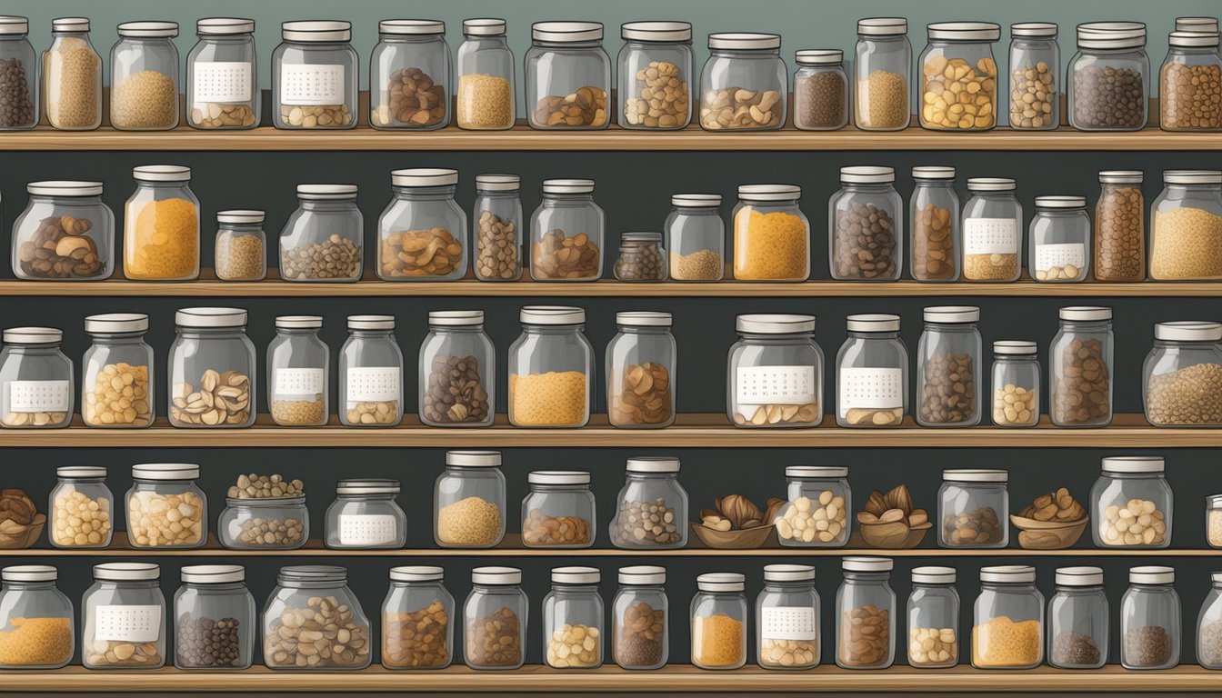 A pantry shelf with neatly organized jars of dried mushrooms and a calendar showing the current date