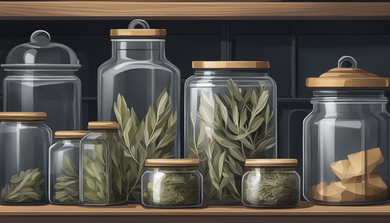 A glass jar filled with dried sage leaves, sealed tight with a lid, sitting on a shelf in a cool, dark pantry