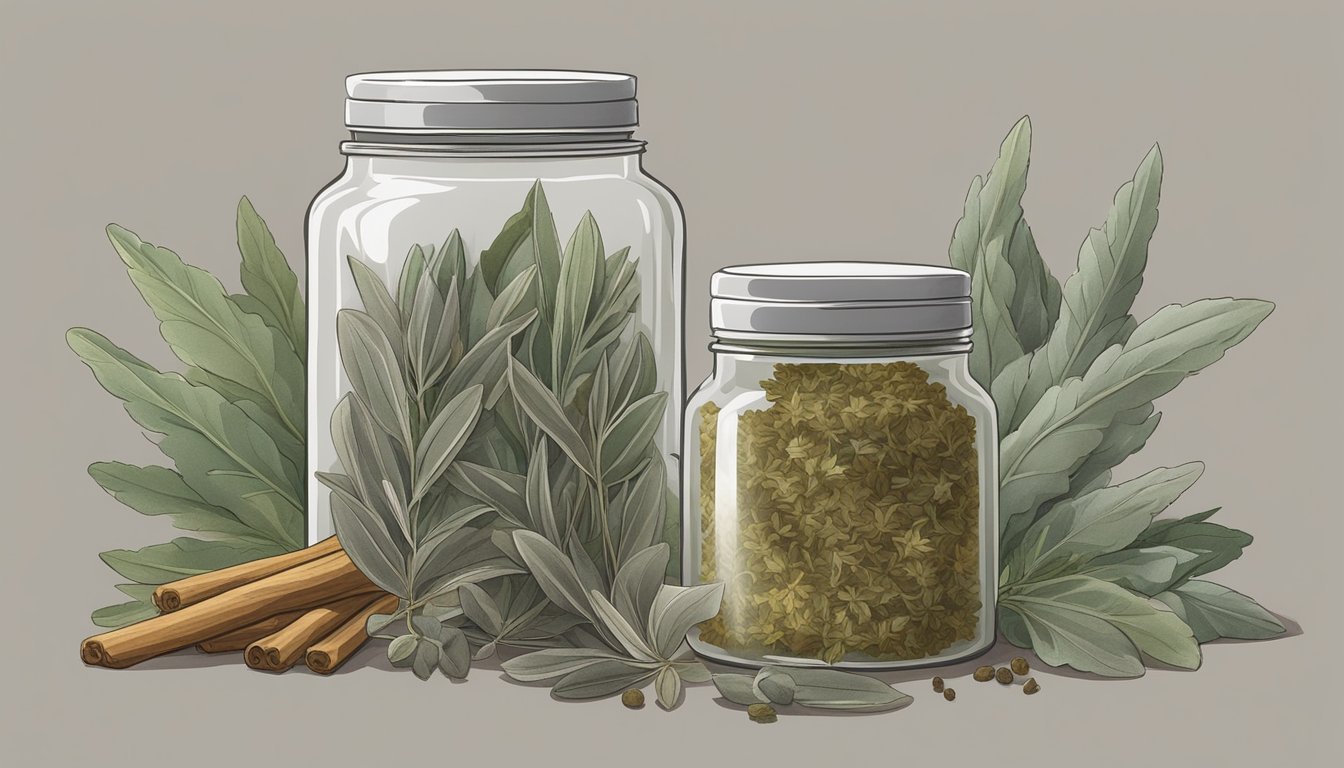 A jar of dried sage leaves on a kitchen shelf, surrounded by other herbs and spices. The sage leaves are dry and brittle, with a slightly grayish-green color