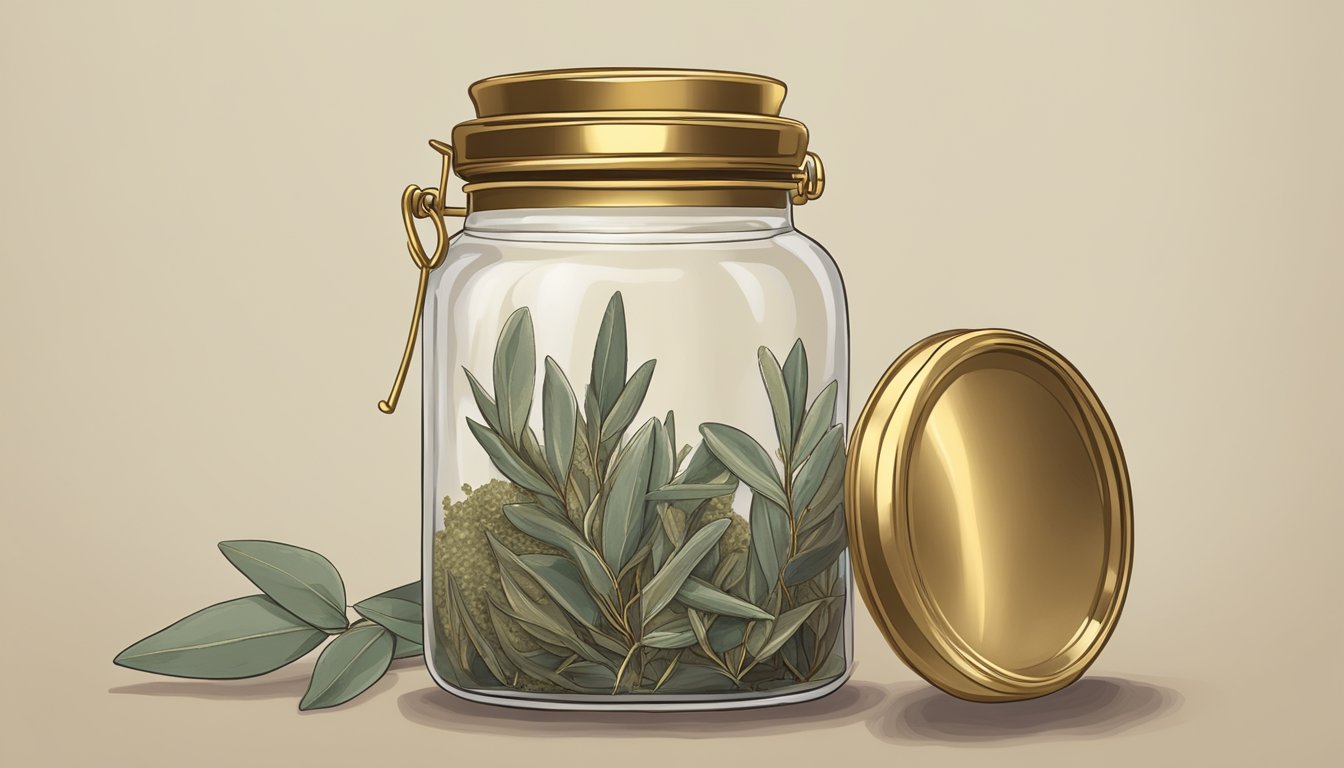 A clear glass jar filled with dried sage leaves sealed with a gold lid, placed on a rustic wooden shelf against a neutral background