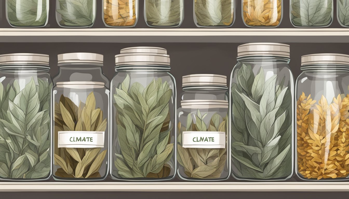 Dried sage leaves in glass jars on shelves, with one jar labeled for each climate (dry, humid, cold)