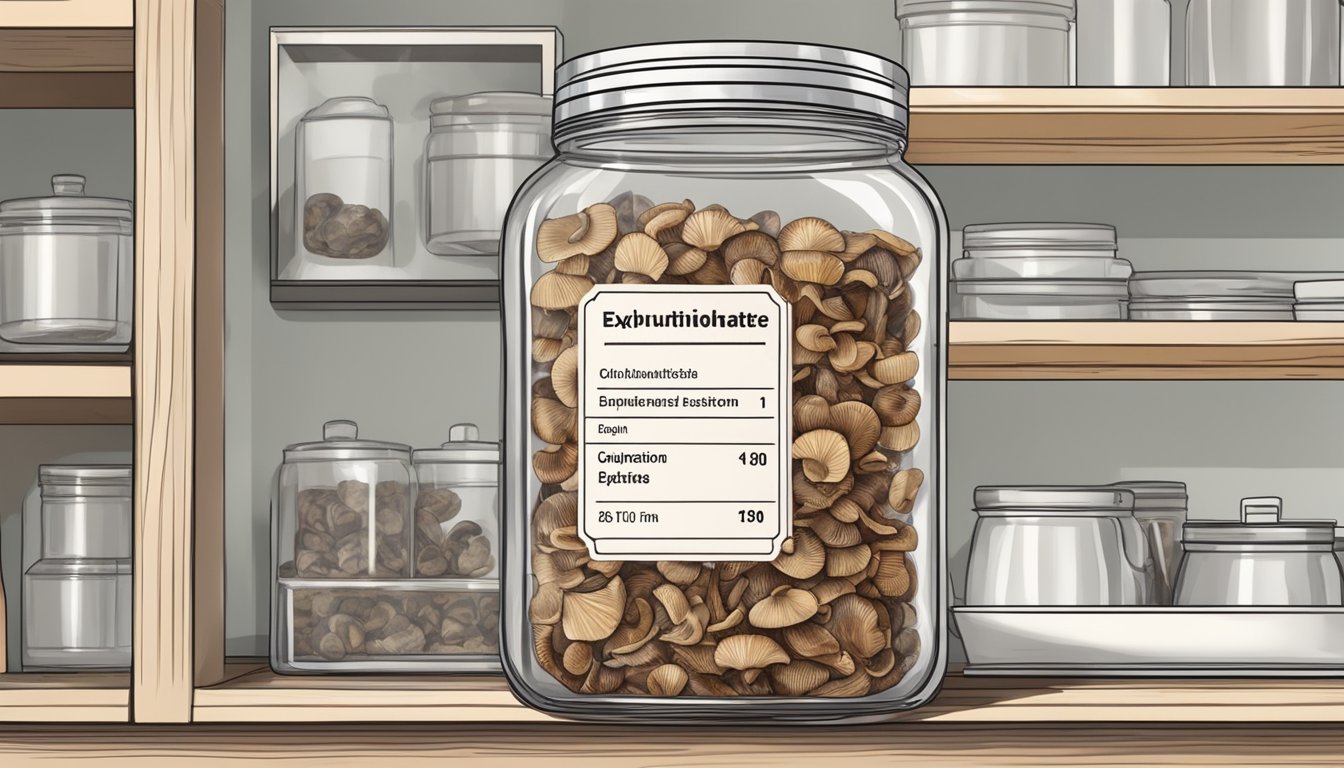 A jar of dried mushrooms on a kitchen shelf, with a label showing expiration date and nutritional information