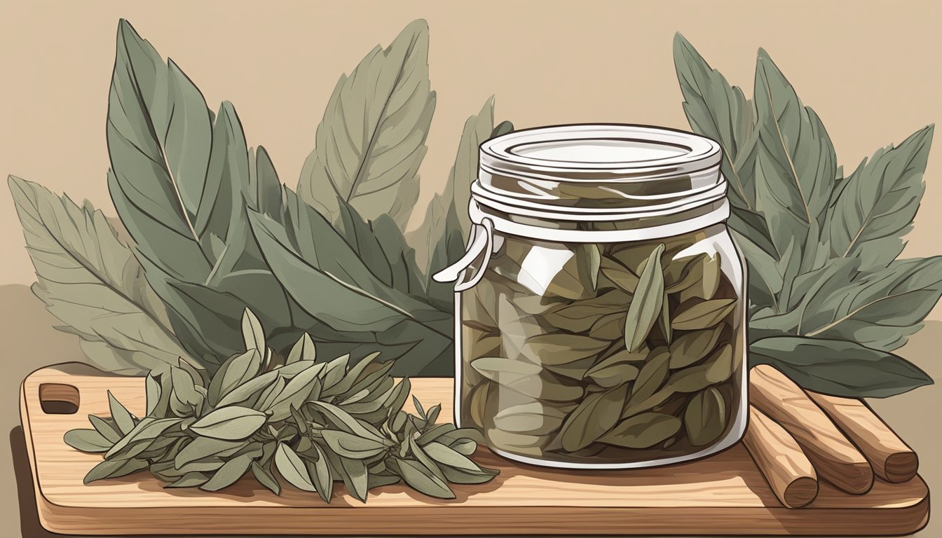 A jar of dried sage leaves sits next to a bundle of whole sage leaves on a wooden cutting board. The leaves are surrounded by a warm, earthy color palette