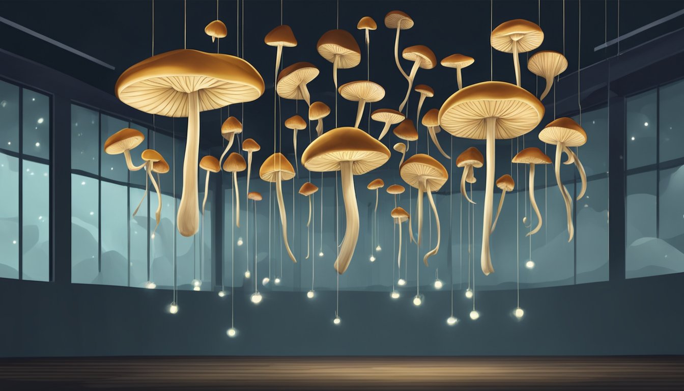 Mushrooms hanging from a string in a dark, dry room. A gentle breeze passes through, aiding in the drying process