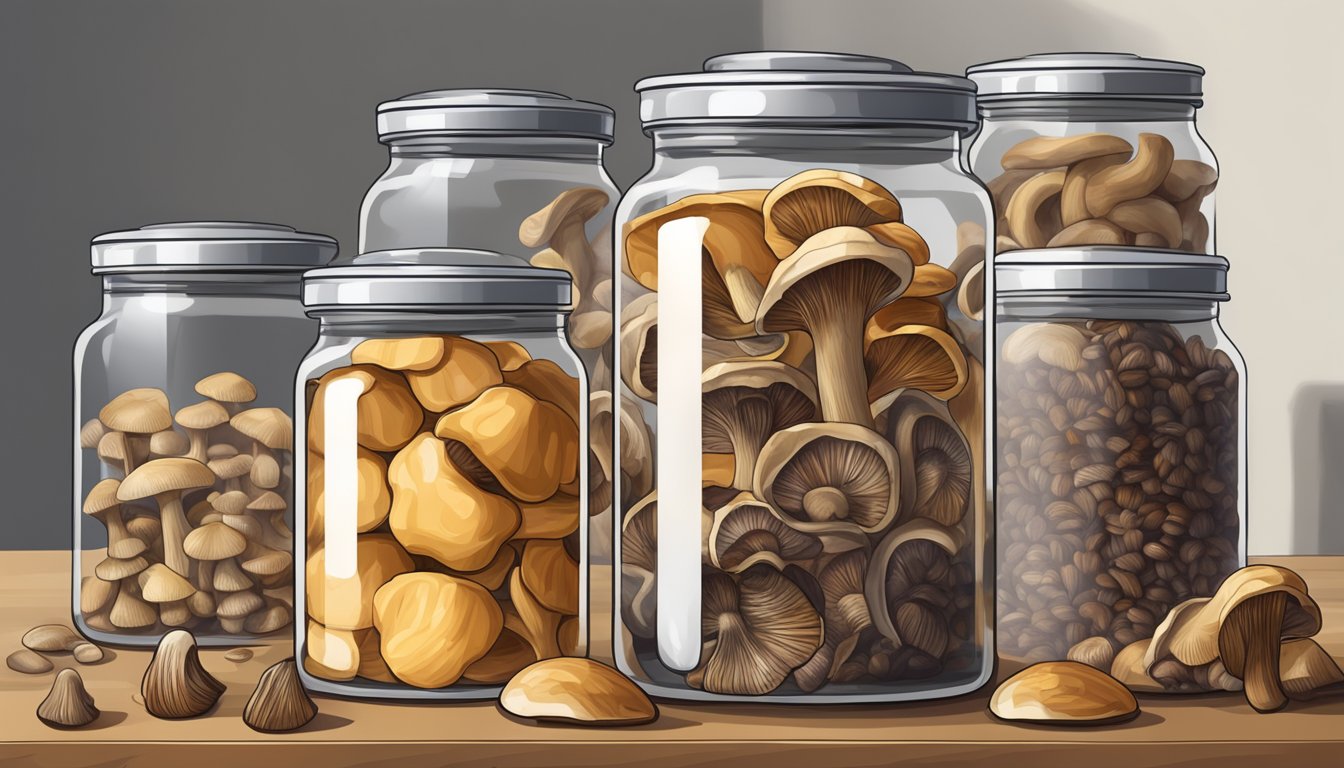 A glass jar filled with dried mushrooms, sealed with a lid, sitting on a kitchen shelf