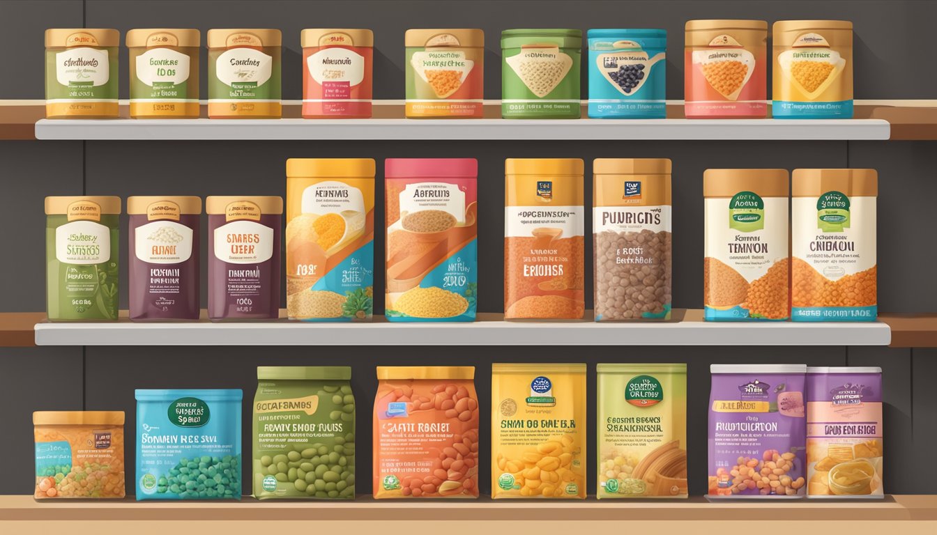 A pantry shelf with various dried soup mixes in colorful packaging, displaying expiration dates and nutritional information