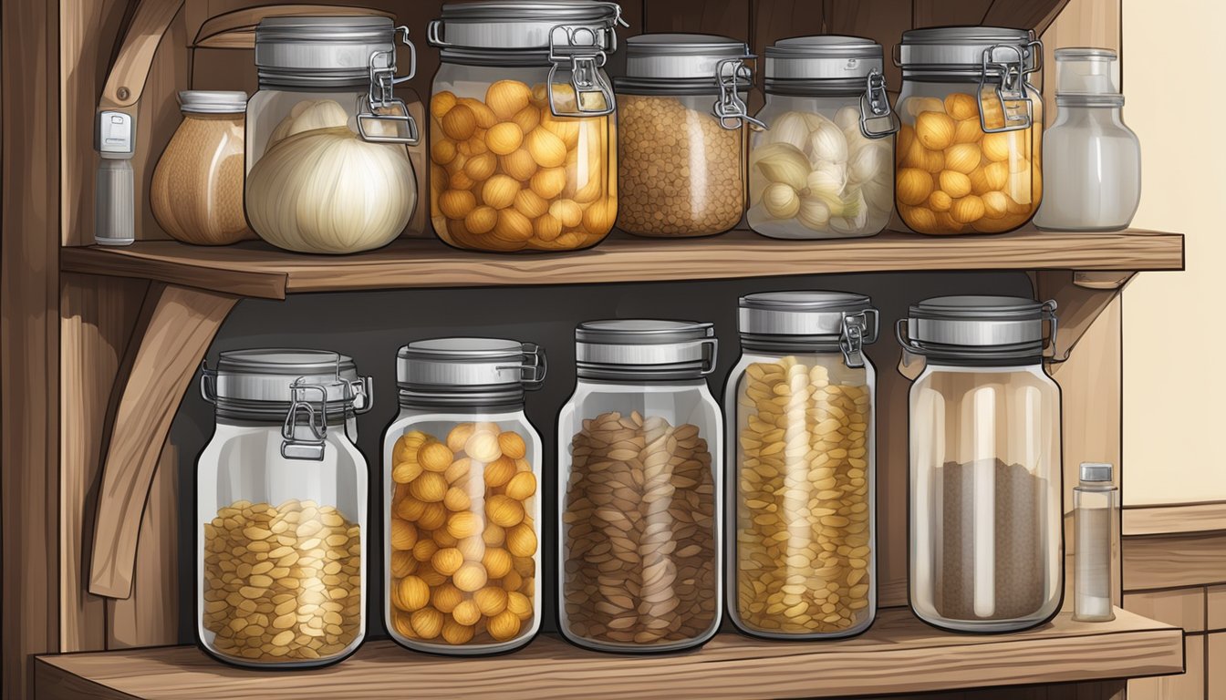 A pantry shelf with jars of dried onions, sealed bags, and a temperature and humidity gauge