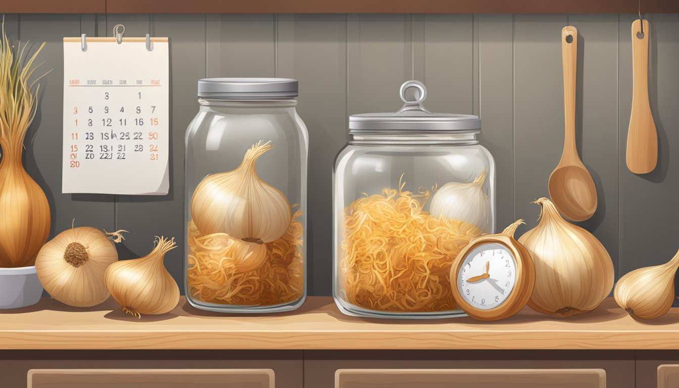 A jar of dried onions sits on a kitchen shelf, sealed tight to preserve its contents. Nearby, a calendar marks the date of purchase