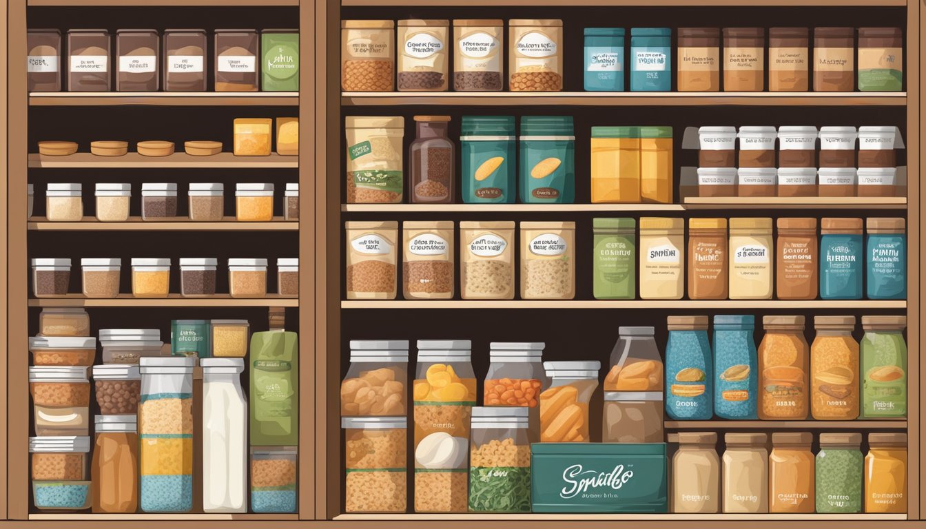 A pantry shelf with various food options, including dried soup mixes, with expiration dates visible