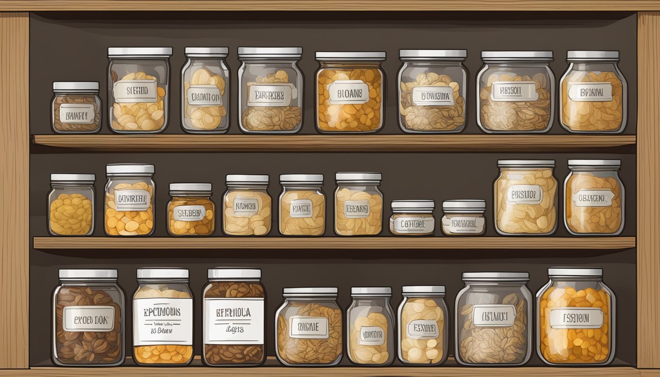 A pantry shelf with jars of dried onions, labeled with expiration dates