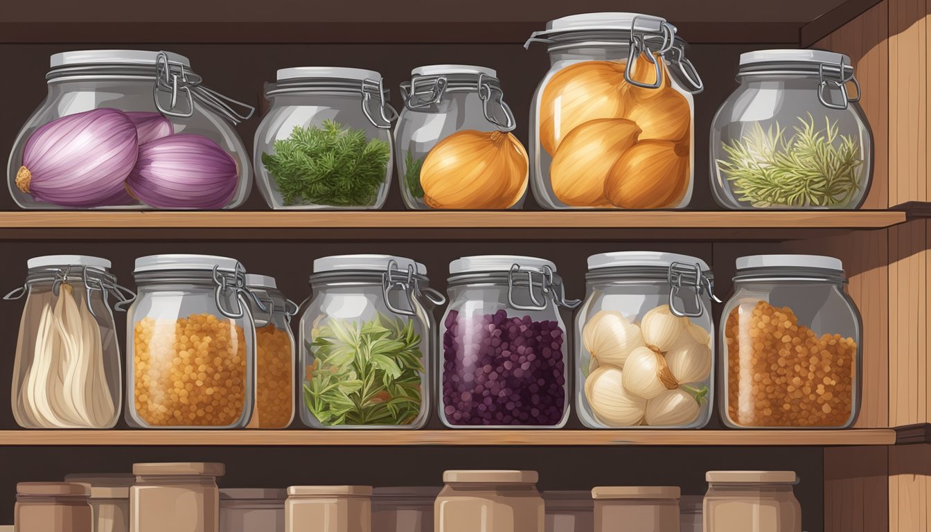 A bundle of dried onions stored in airtight jars and vacuum-sealed bags, surrounded by herbs and spices on a pantry shelf