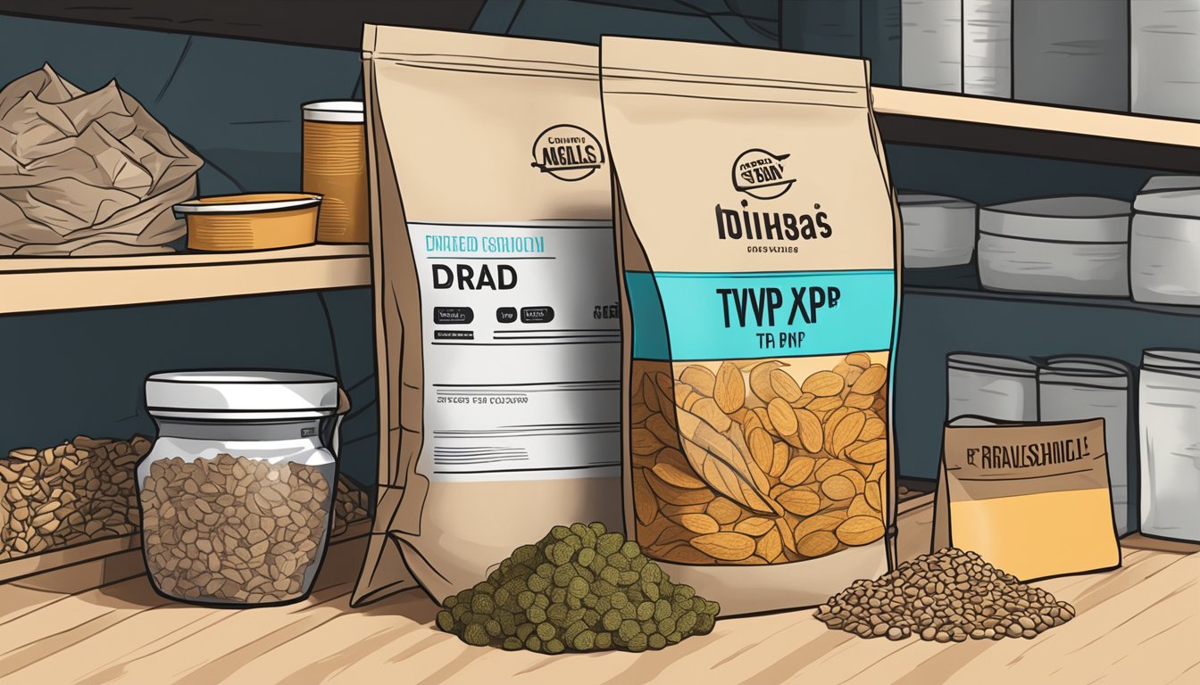 A sealed bag of dried TVP sits on a pantry shelf, surrounded by other dry goods