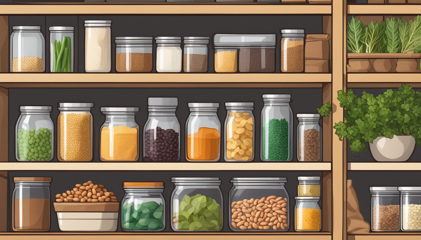 A pantry shelf with a bag of dried TVP, surrounded by plant-based ingredients like beans, grains, and vegetables