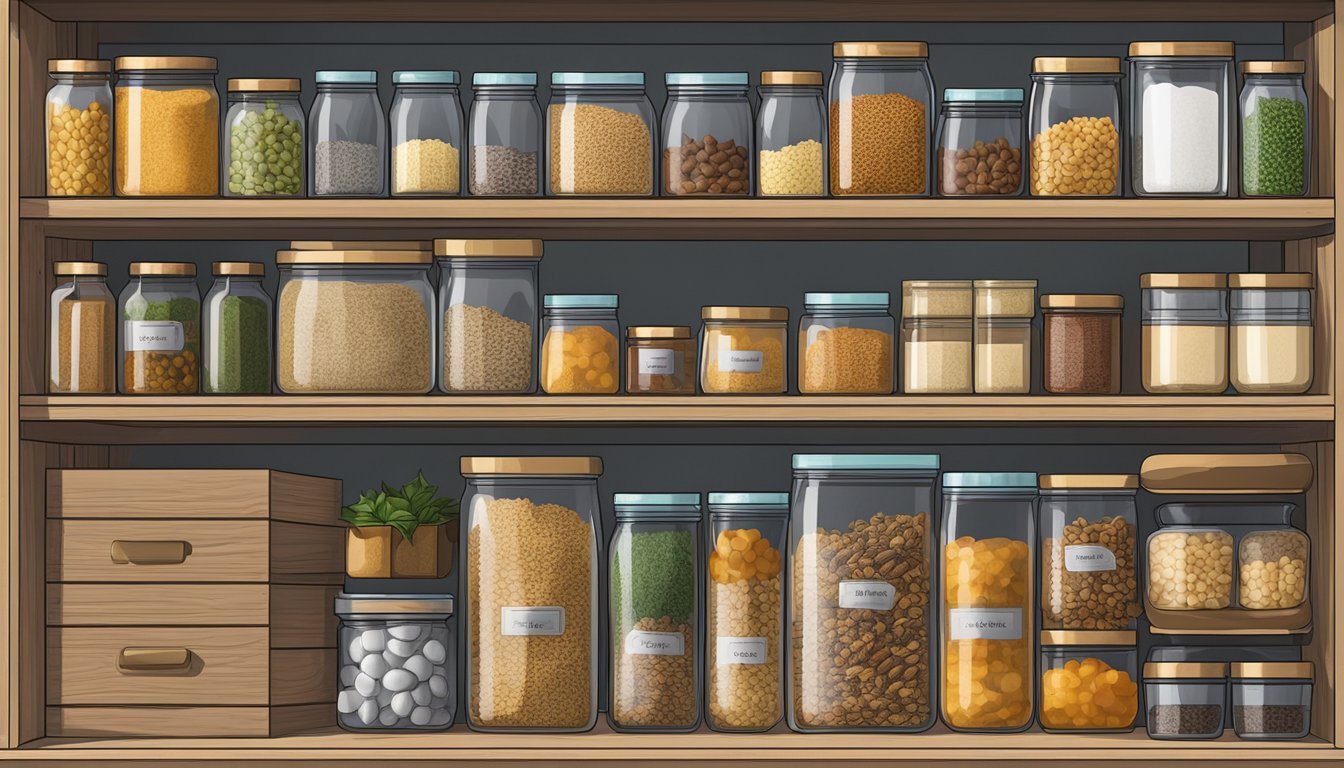 A pantry shelf with various dried goods, including TVP, in airtight containers