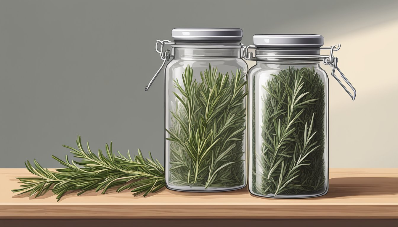 A glass jar filled with dried rosemary, sealed with a lid, placed on a kitchen shelf