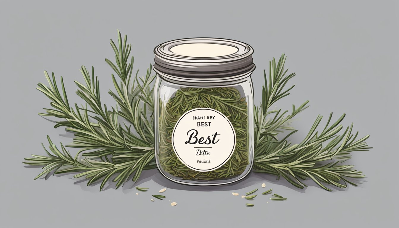 A small glass jar filled with fragrant dried rosemary, surrounded by fresh rosemary sprigs and labeled with a "best by" date