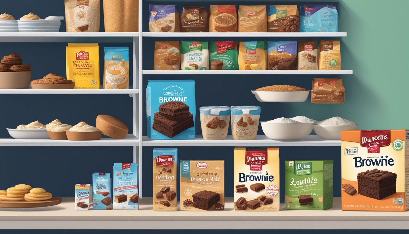 A shelf with a box of Duncan Hines Brownie Mix, surrounded by other baking products, with a calendar showing the current date