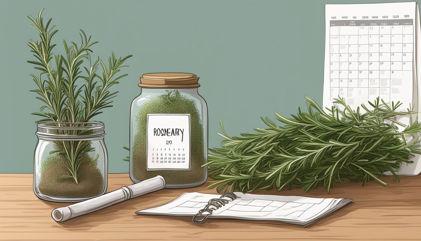 A bundle of fresh rosemary next to a jar of dried rosemary, with a calendar showing the passage of time in the background