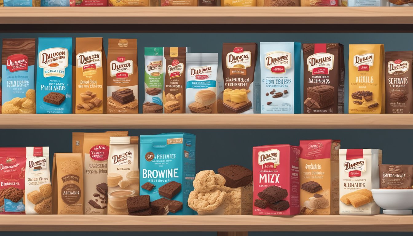 A pantry shelf with a sealed box of Duncan Hines Brownie Mix, surrounded by other baking ingredients and labeled with an expiration date