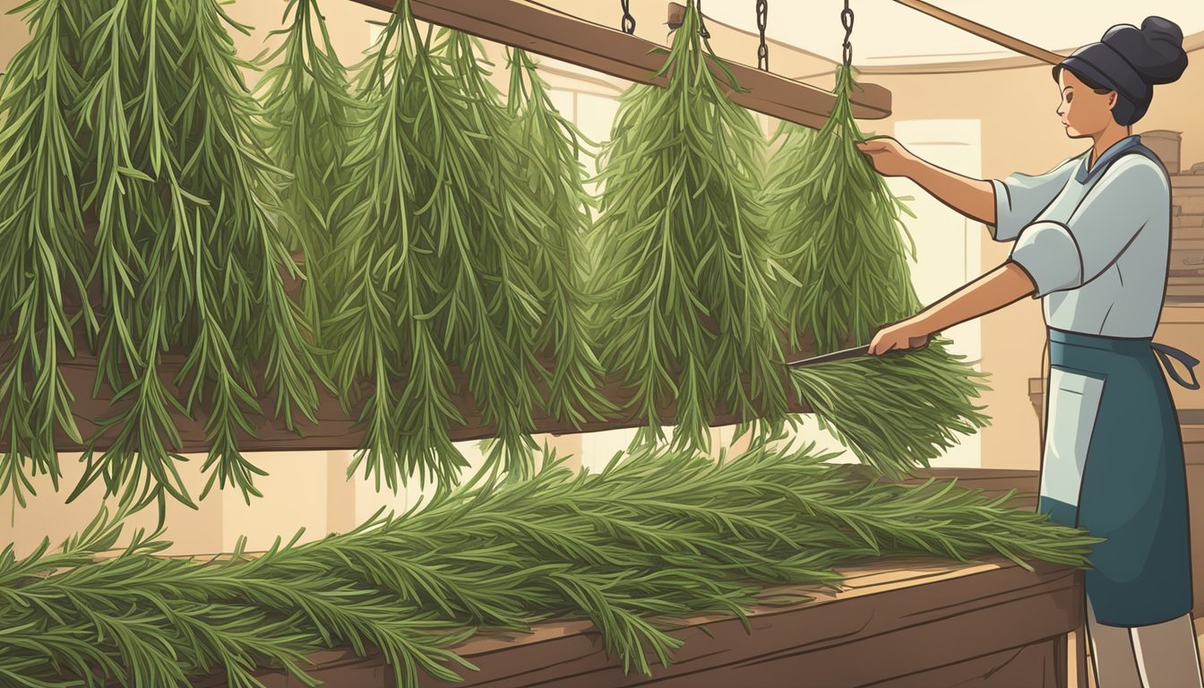 Fresh rosemary being cut and hung to dry in a warm, well-ventilated area