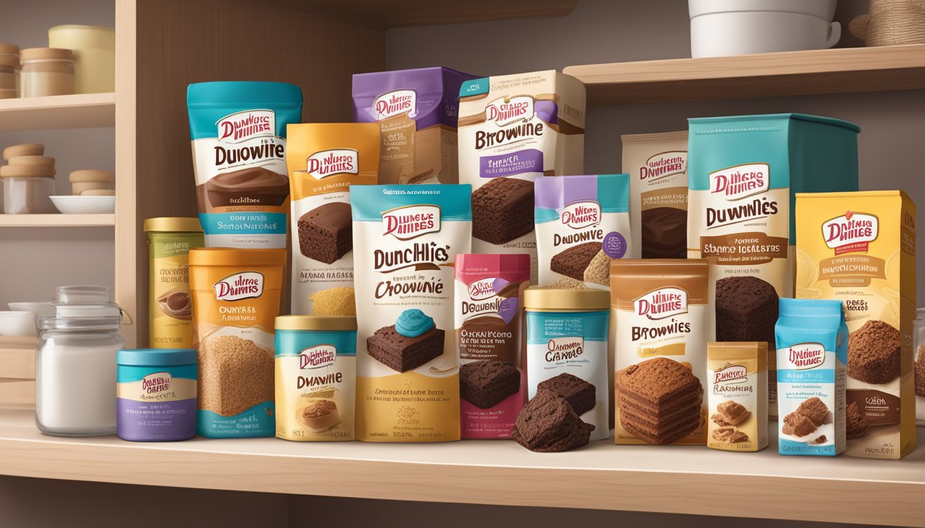 A sealed box of Duncan Hines Brownie Mix sits on a clean, organized pantry shelf, surrounded by other baking ingredients and supplies