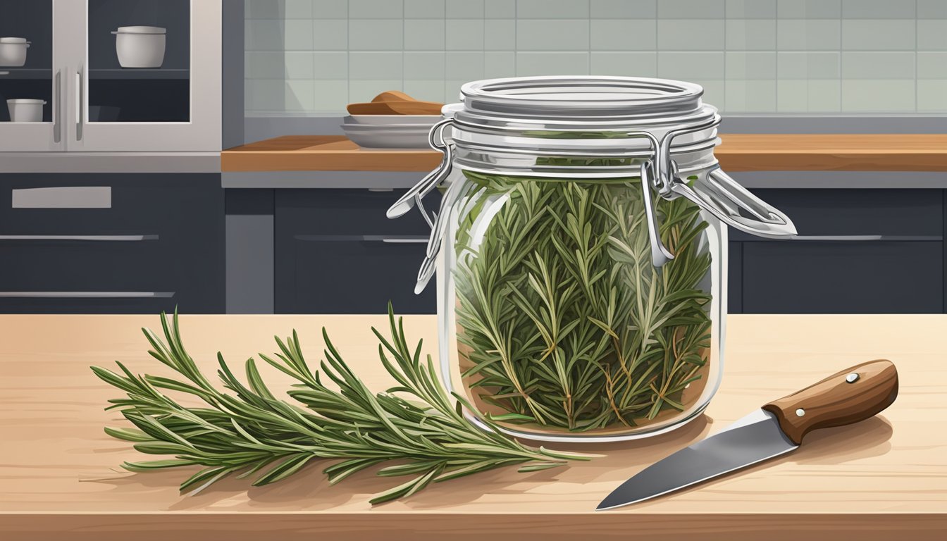 A jar of dried rosemary sits on a kitchen counter, next to a cutting board and a chef's knife. A small cloud of rosemary leaves is scattered around the jar