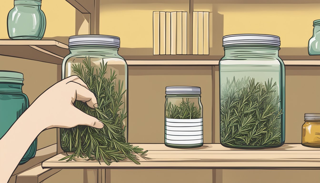 A hand reaching for a jar of dried rosemary on a shelf, while another hand puts back an empty jar