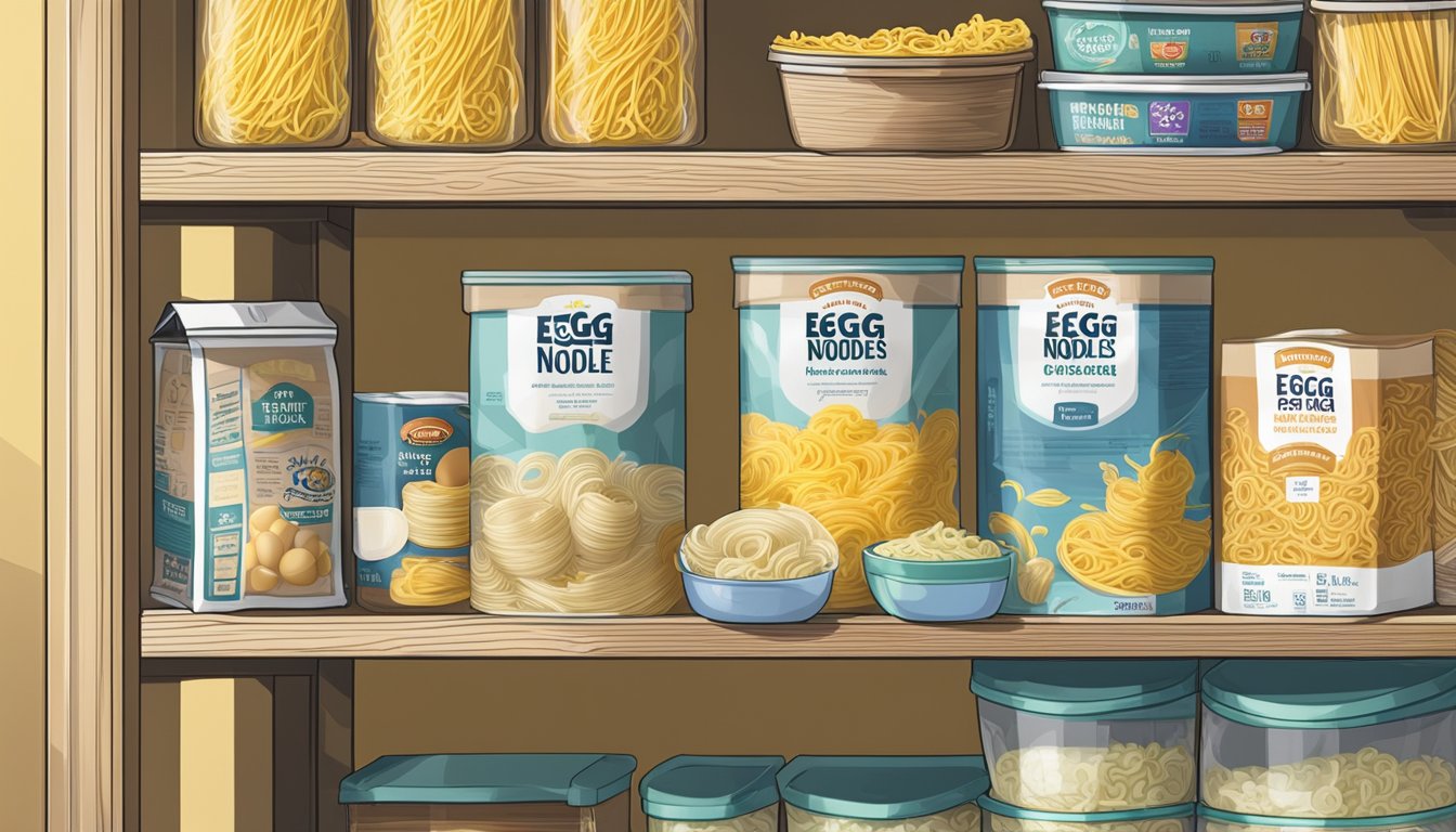 A package of egg noodles sits unopened on a pantry shelf, surrounded by other dry goods