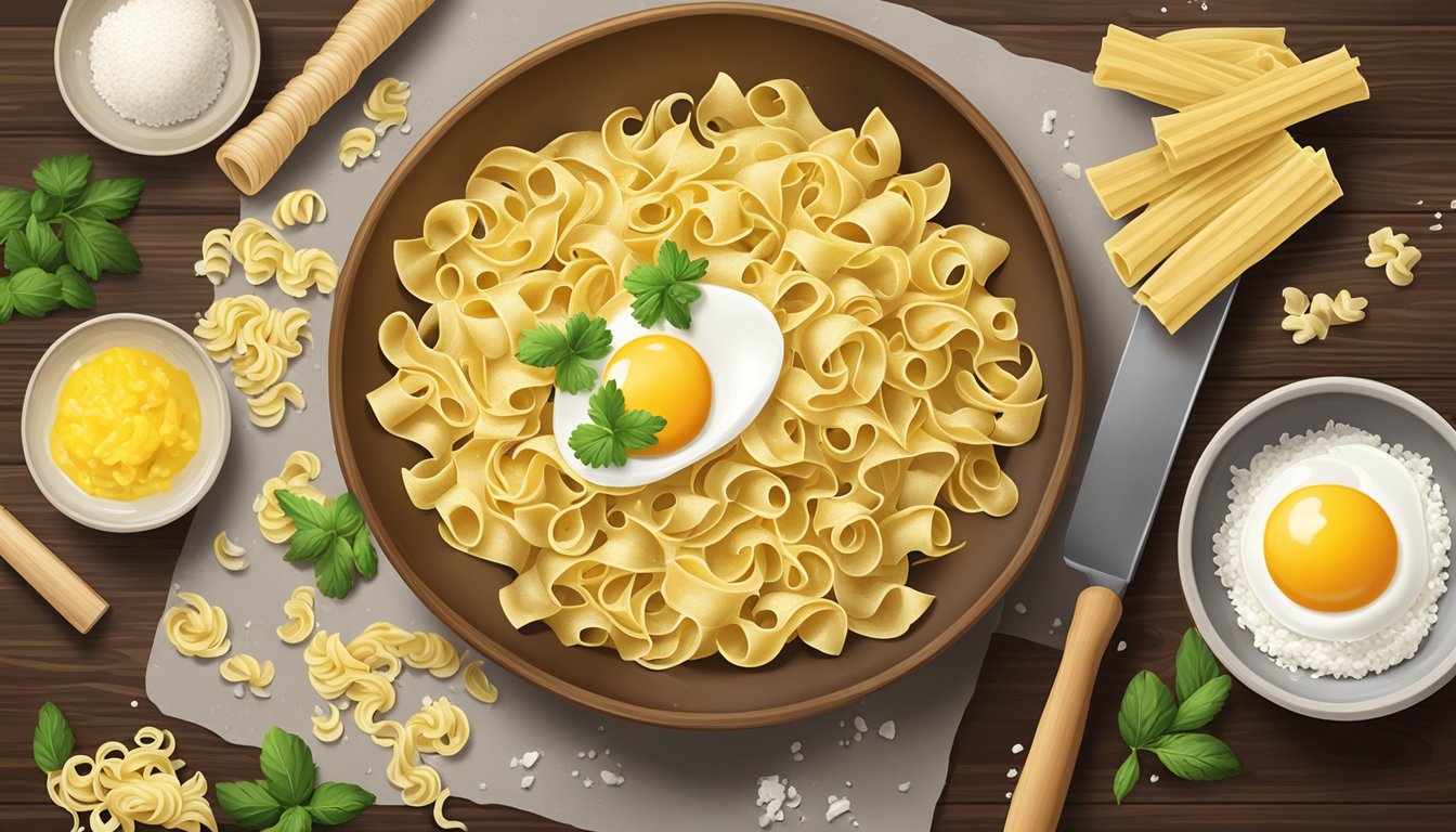 A bowl of freshly made egg noodles sits on a wooden cutting board, surrounded by scattered flour and a rolling pin