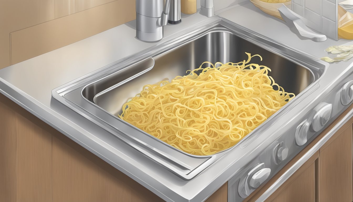 A package of egg noodles left open and exposed on a kitchen counter, showing signs of spoilage with mold and a foul odor