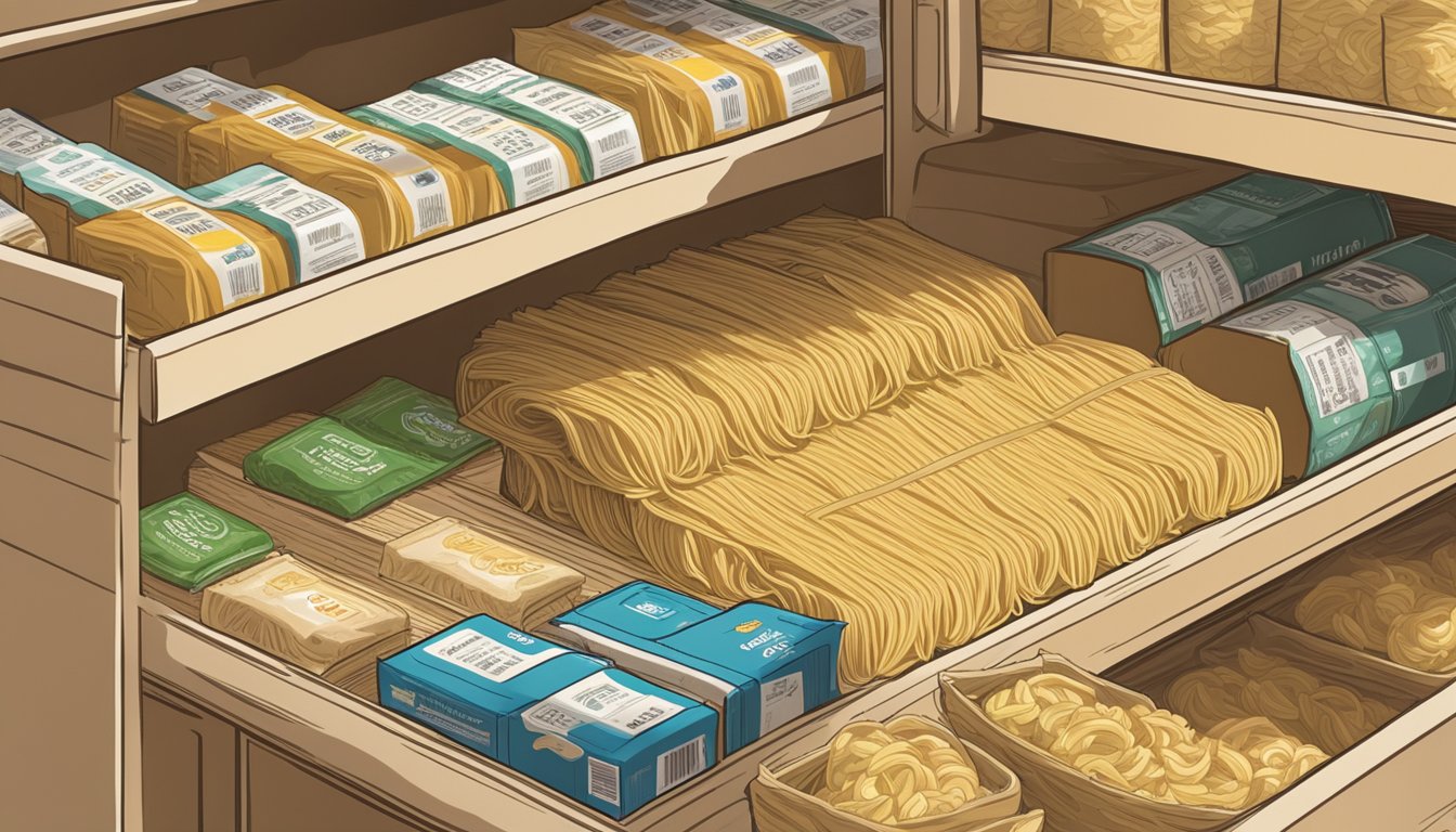 A package of egg noodles sits unopened on a pantry shelf, surrounded by other dry goods. The expiration date is clearly visible on the packaging